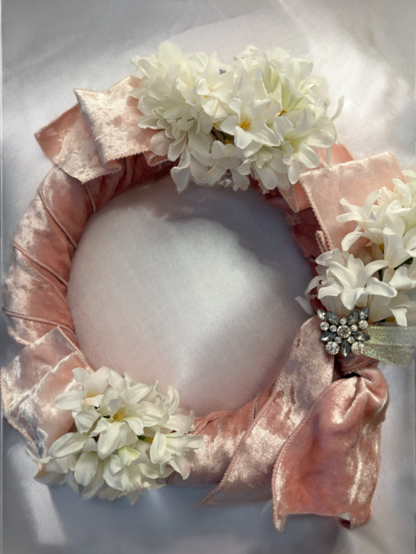 Velvet Ribbon Wrapped White Lilac Wreath, Lilac Wreath, Small Wreath