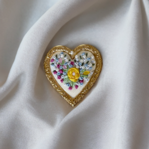 Vintage Handmade Floral Ribbon Petit Point Heart Brooch Two-inch; Vintage Jewelry; Collectible Jewelry