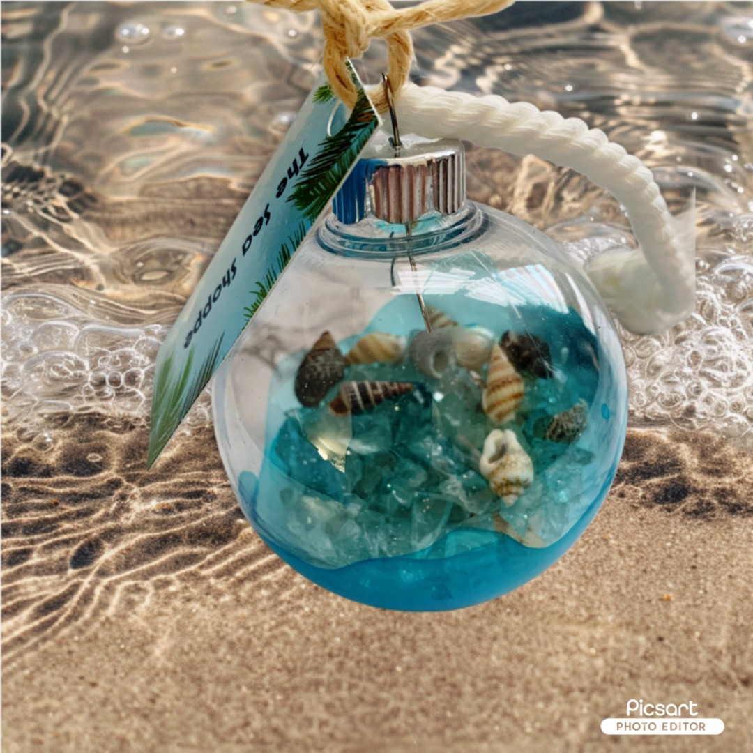 Six Reverse Painted Alcohol Ink/ Glitter Beach Ornaments; Nautical Decor; Unbreakable Holiday Ornaments;