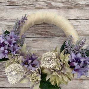 Small Ribbon Wrapped Wreath Embellished with Faux Flowers, Lavendar Wreath, Silk Wreath, Door Decor